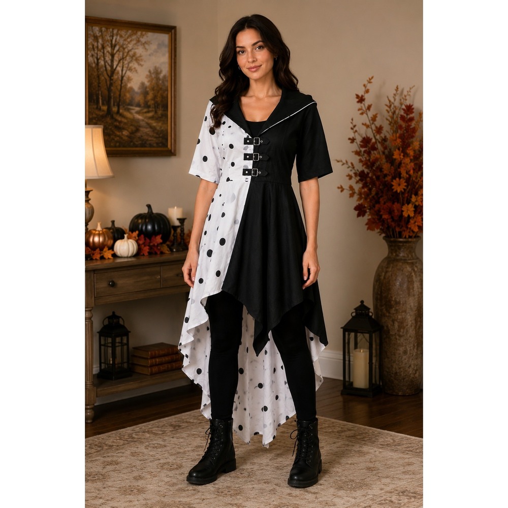 Cruella De Vil Costume Dress Womens Small Black White Polka Dot Halloween Costum
